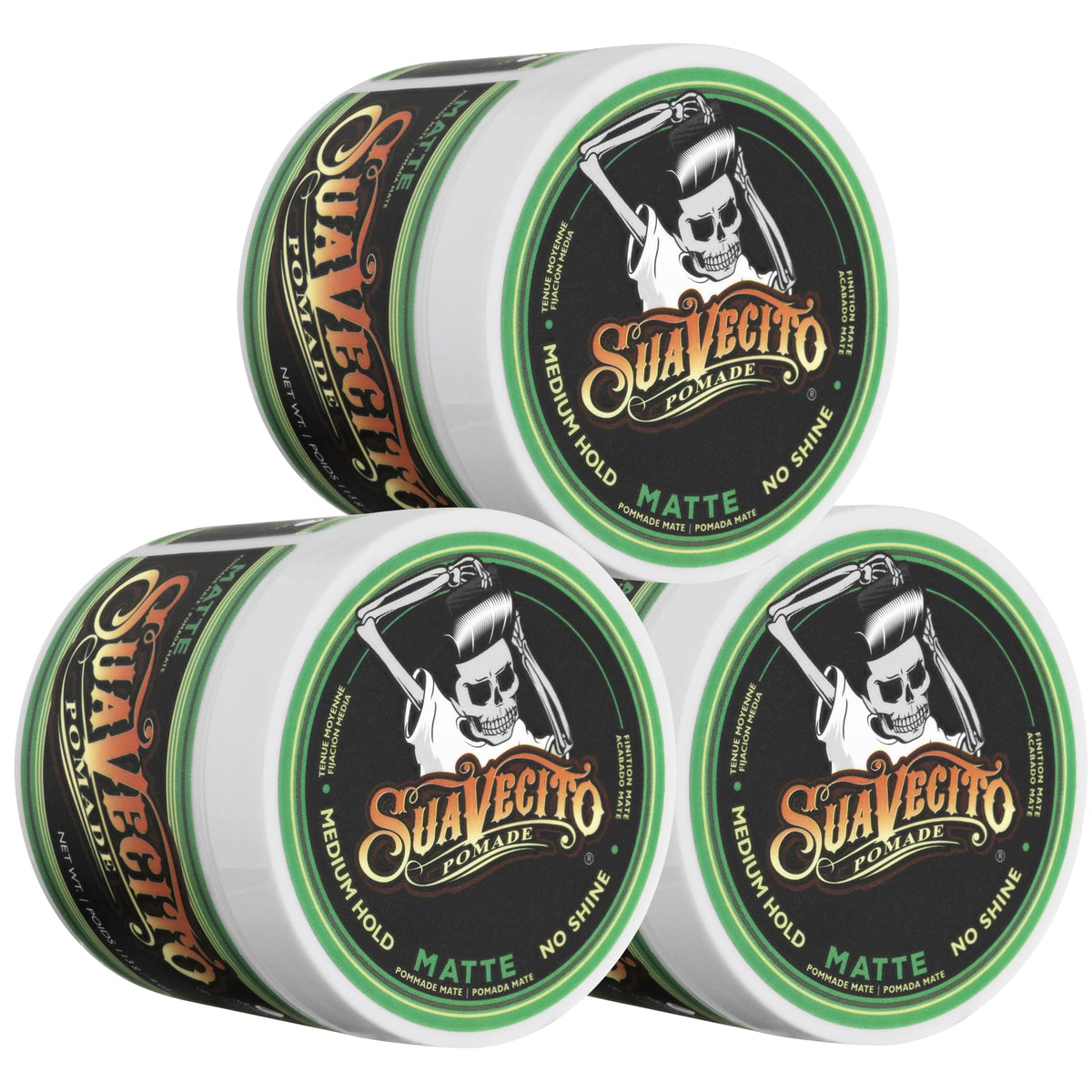 Suavecito matte pomade front tin showing branding and size, convenient for grooming