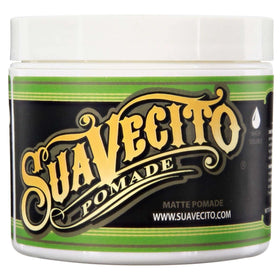 Suavecito matte pomade front tub showing label and size, clean branding benefit