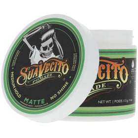 Suavecito matte pomade label close-up displaying formula details and ingredient clarity