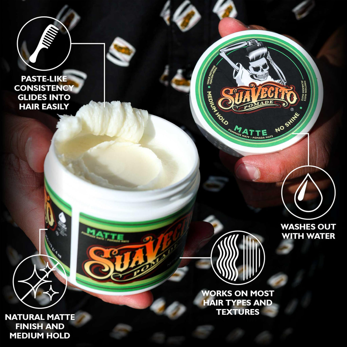 Suavecito matte pomade open tin showing creamy matte paste for easy styling