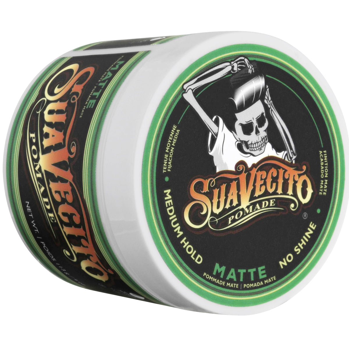 Four ounce Suavecito jar beside a ruler showing compact gym‑bag friendly size