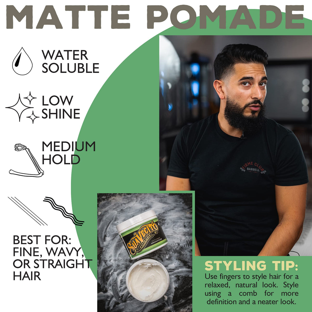 Suavecito matte pomade before and after styling showing natural texture benefit