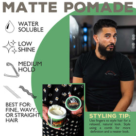 Suavecito matte pomade styled slick back demonstrating low-shine professional finish