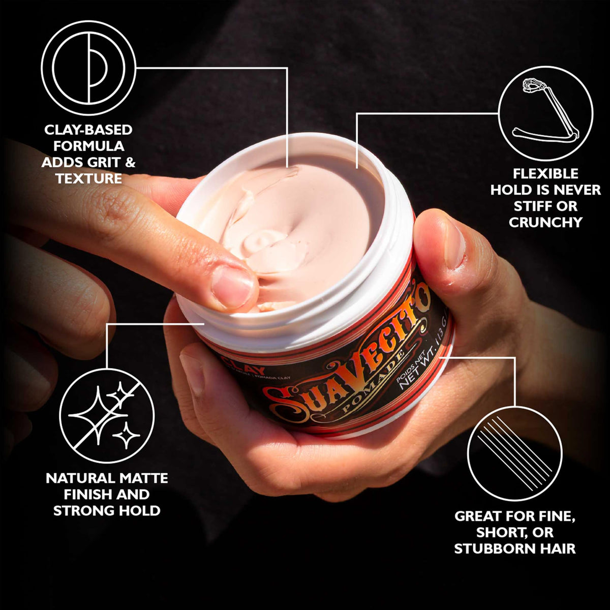 Suavecito open jar texture revealing matte clay for easy scoop and even application
