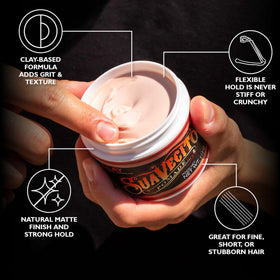 Suavecito open jar texture revealing matte clay for easy scoop and even application