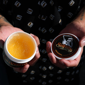 Suavecito jar on bathroom counter lifestyle showing everyday grooming use