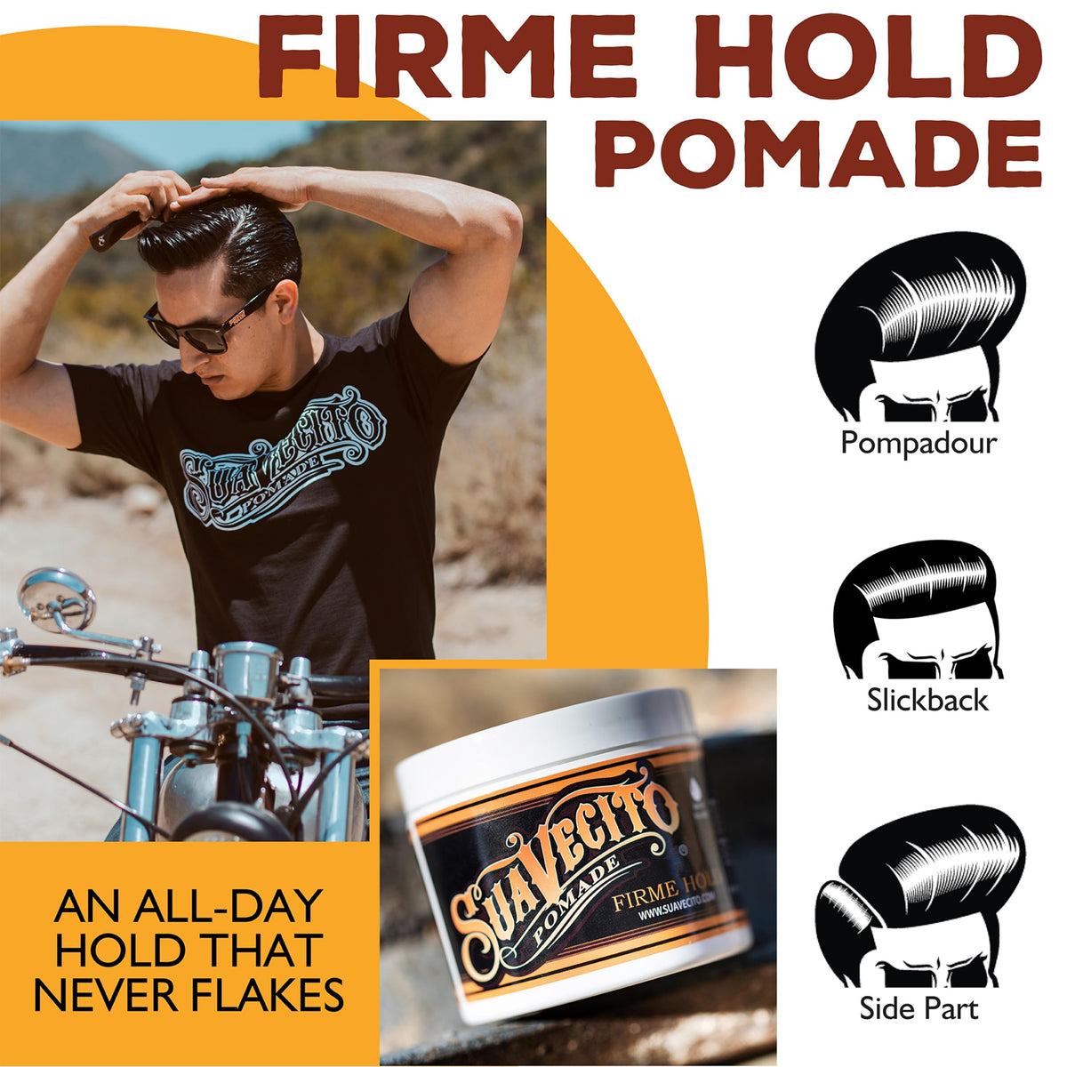 Suavecito being combed through hair illustrating strong hold and neat styling