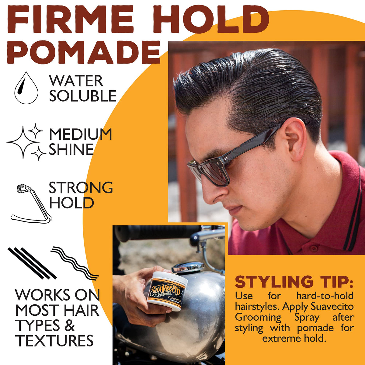 Suavecito pomade on barbershop counter showing professional styling benefit