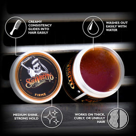 Suavecito open tin showing creamy pomade texture and scoopable consistency