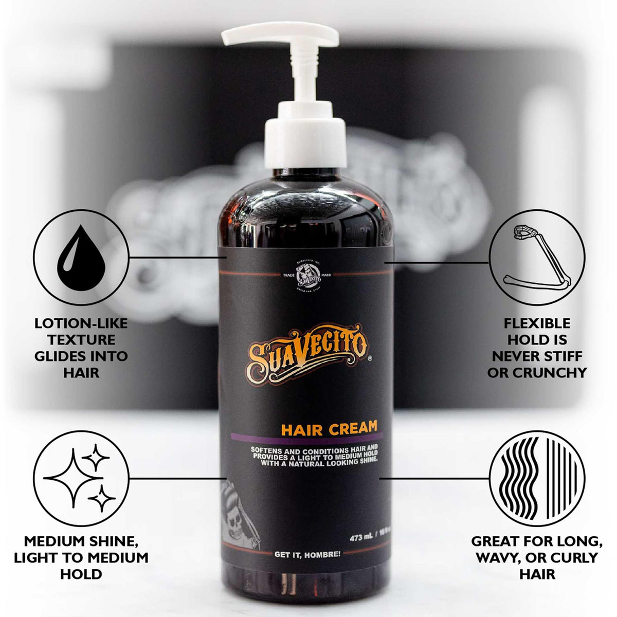 Suavecito pump action dispensing cream, easy measured application for daily styling