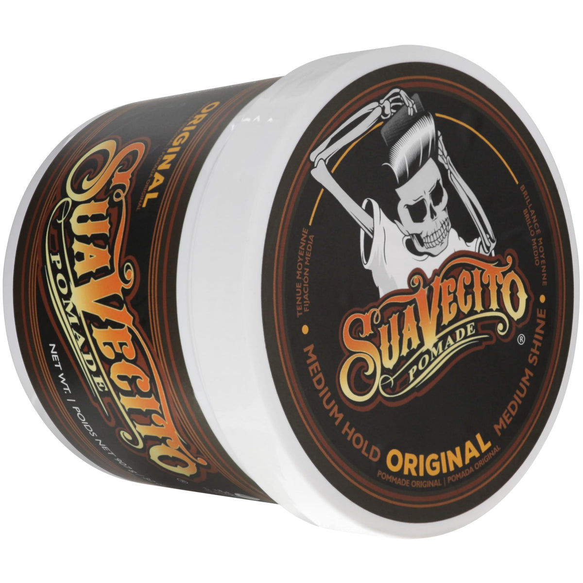 Tub held in hand to show scale and value of Suavecito 32 oz size benefit