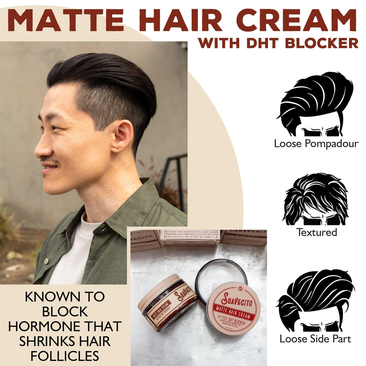 Suavecito styled hair side profile with fuller-looking natural finish