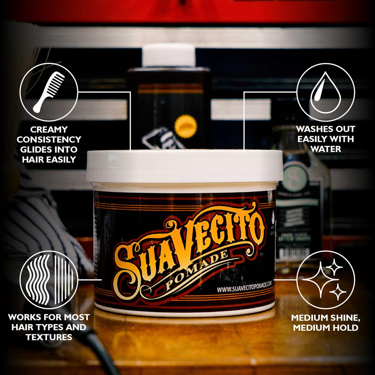 Close-up of Suavecito lid and seal highlighting secure packaging benefit