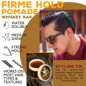 Suavecito Whiskey Bar on styled pompadour illustrating long-lasting shape and shine