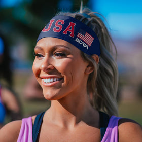 Suddora worn by runner showing patriotic style and sweat control benefit