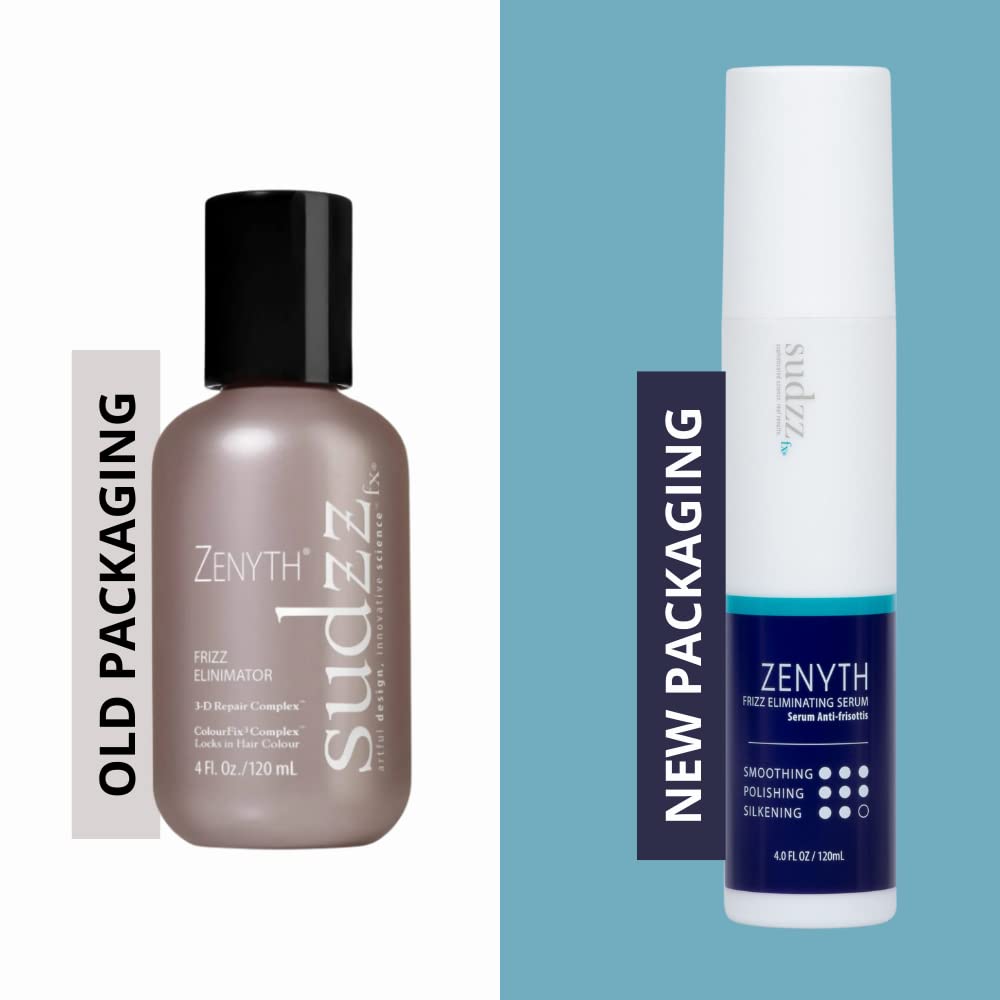 SUDZZFX Zenyth before and after frizz comparison showing smoother shinier hair