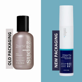 SUDZZFX Zenyth before and after frizz comparison showing smoother shinier hair