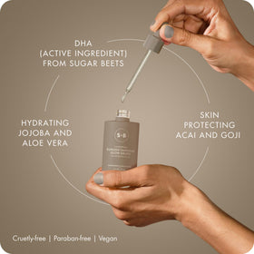 SUGARED + BRONZED applying drops to leg to illustrate full-body tanning control
