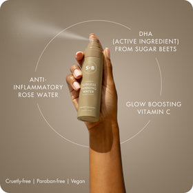 SUGARED + BRONZED bottle in hand demonstrating the compact travel size