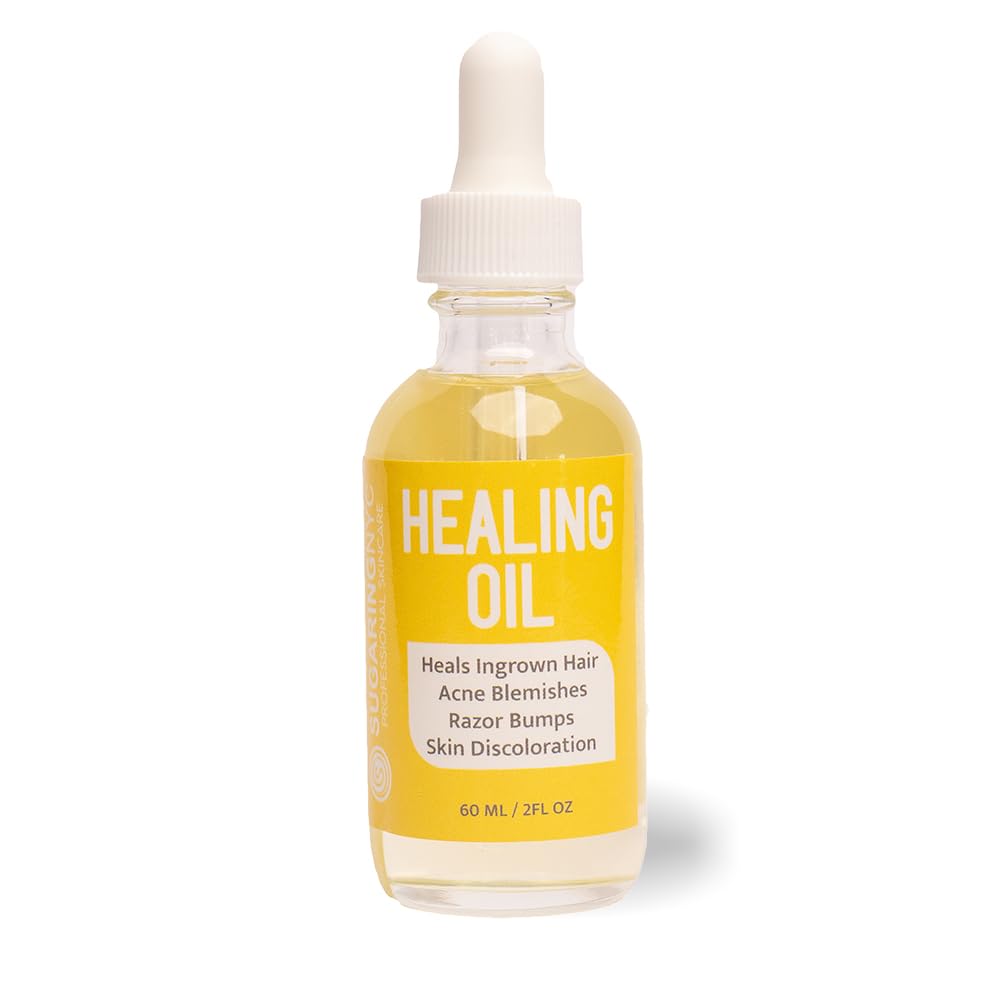 Sugaring NYC healing oil front bottle showing label and calming post-sugaring benefit