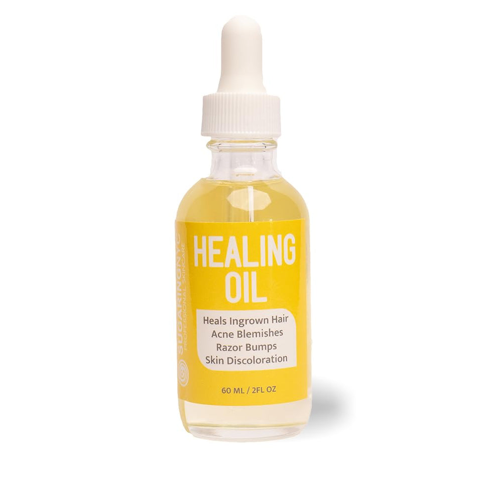 Sugaring NYC healing oil front bottle showing label and calming post-sugaring benefit