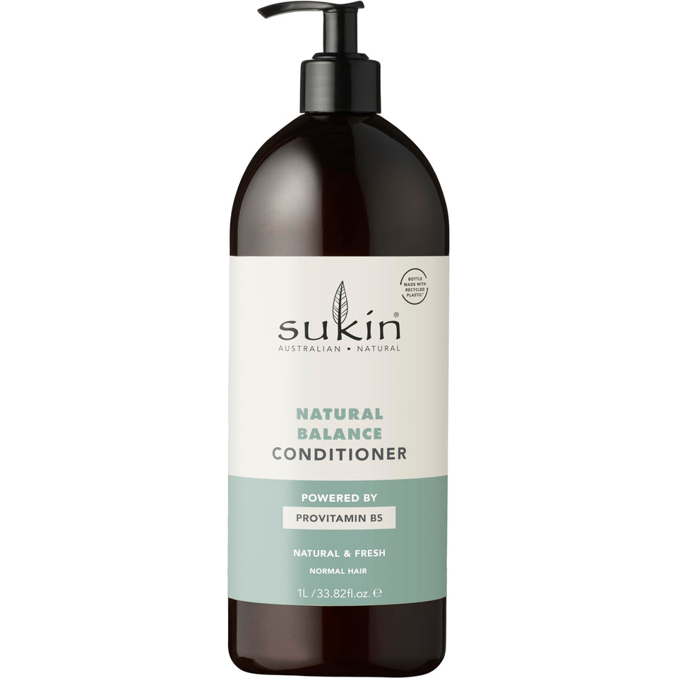 Sukin bottle front view showing Natural Balance Conditioner and benefits