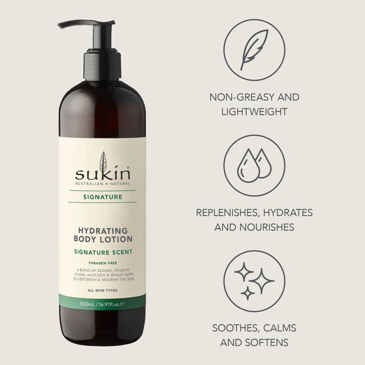 Sukin bottle on bathroom shelf lifestyle shot suggesting daily ritual and pleasing scent