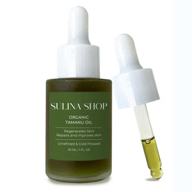 Sulina Shop tamanu oil bottle front view showing packaging and purity benefit