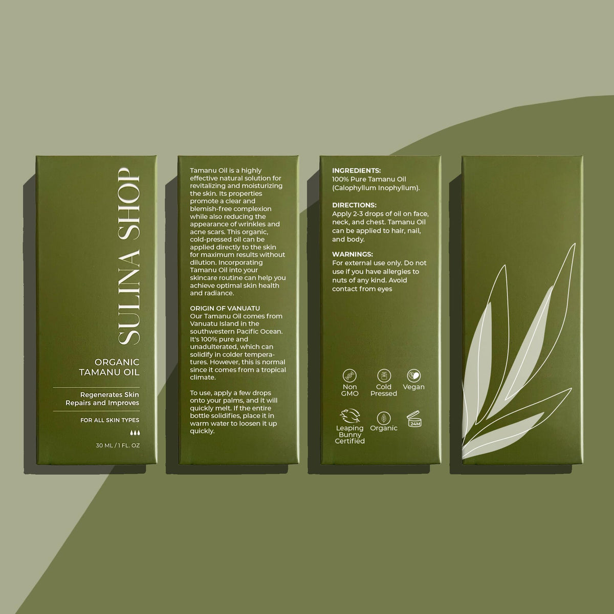 Sulina Shop tamanu oil glass bottle emphasizing eco-friendly packaging benefit