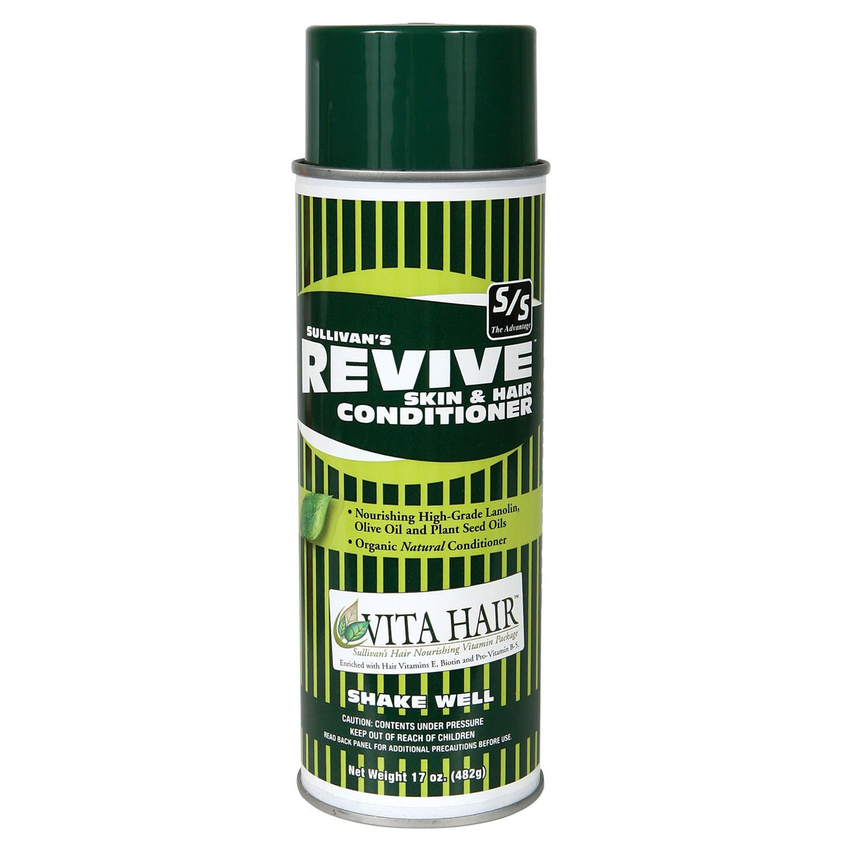 SULLIVAN'S revive aerosol front can showing label and quick conditioning benefit