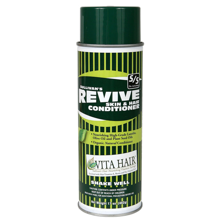 SULLIVAN'S revive aerosol front can showing label and quick conditioning benefit