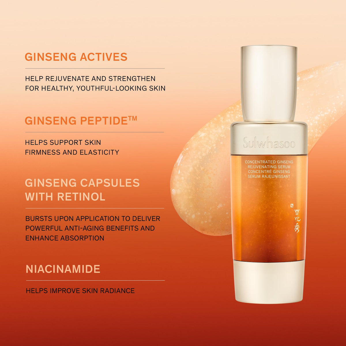 Sulwhasoo serum dispensed on fingers demonstrating lightweight spreadability