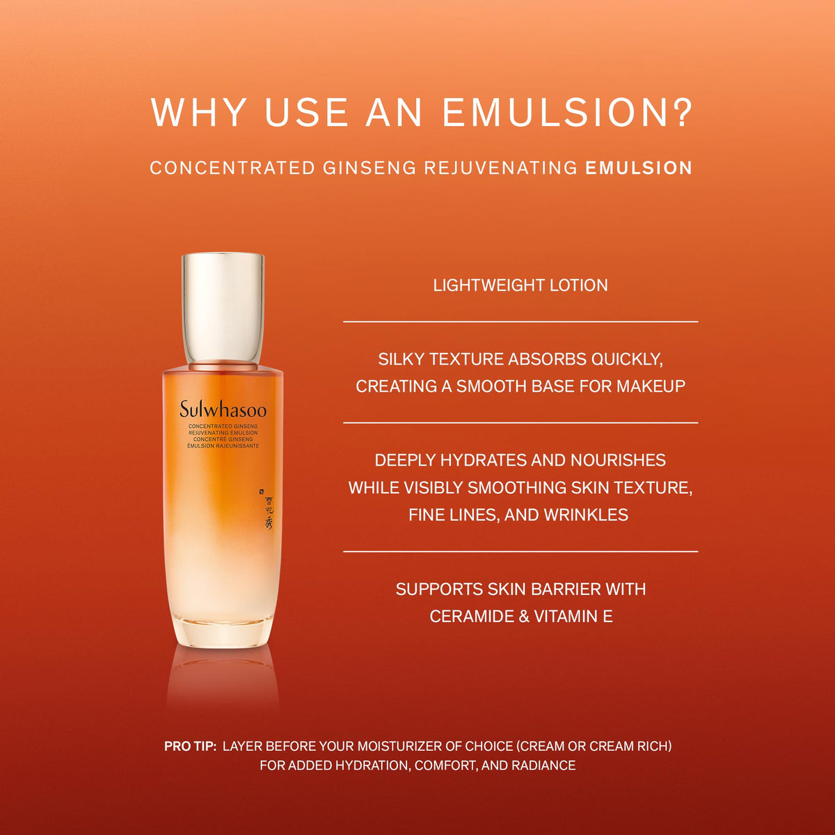 Sulwhasoo applying emulsion on hand to demonstrate lightweight absorption