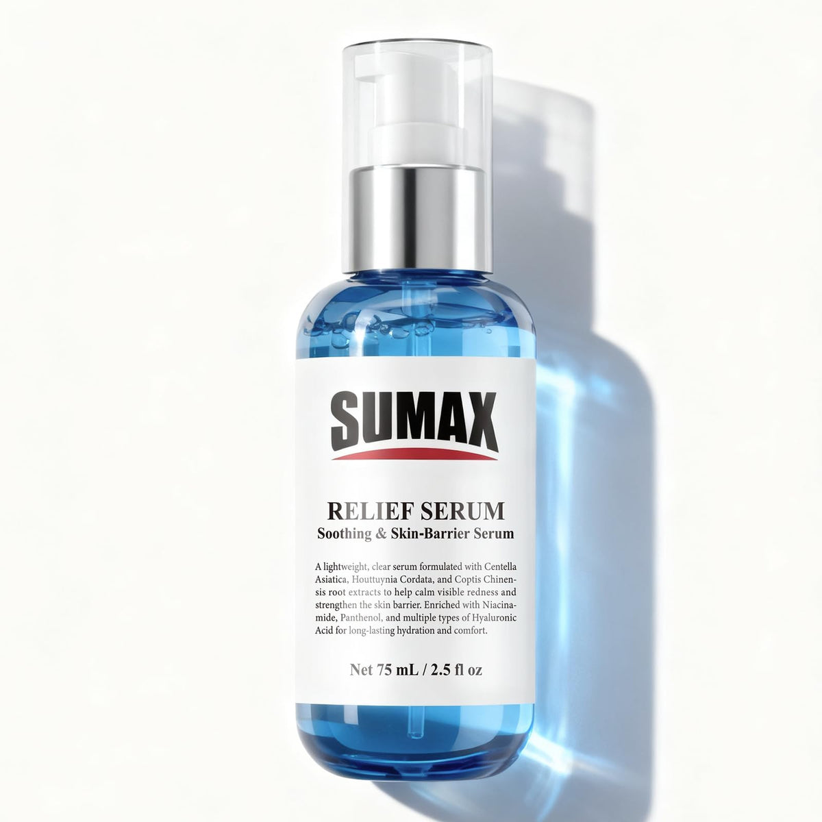 SUMAX bottle front packaging showing calming serum, presents brand and benefits