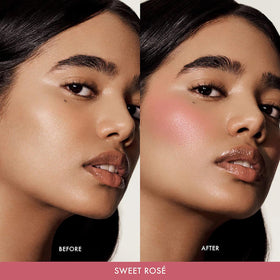Summer Fridays applying blush to cheek for a natural dewy finish