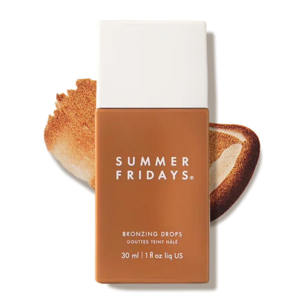 Summer Fridays bronzing drops front packaging showing bottle and label, promotes effortless glow