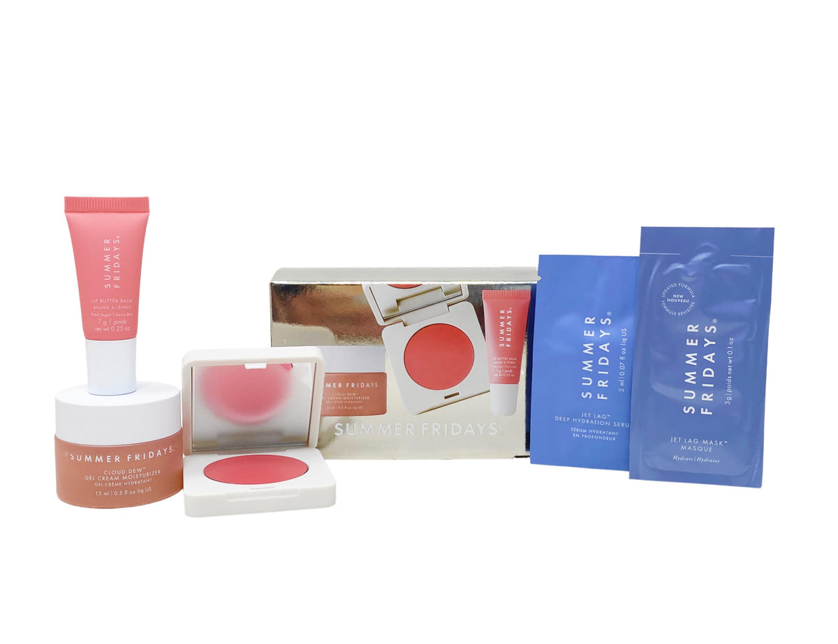 Summer Fridays dewy pink set front packaging showing moisturizer and two balms, travel-friendly