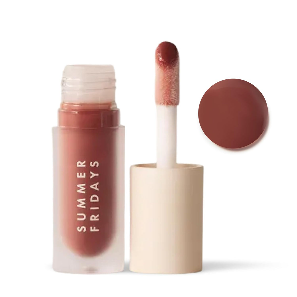 Summer Fridays Dream Lip Oil front packaging showing compact tube and warm beige tint for gloss and hydration