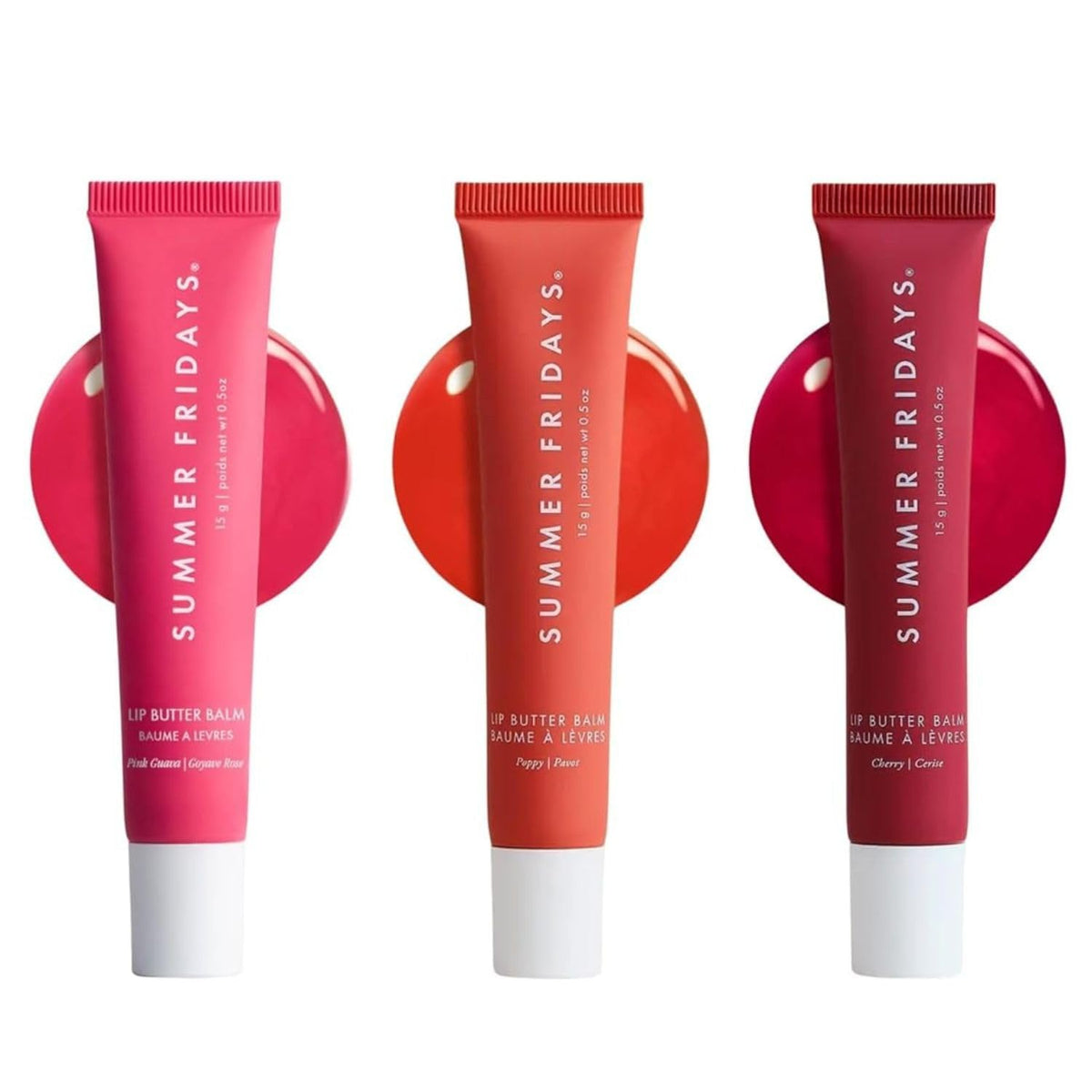 Summer Fridays front packaging trio showing three tinted balms and quick benefit