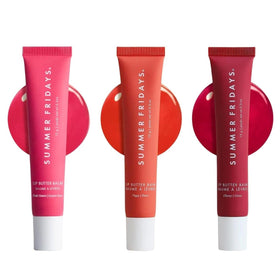 Summer Fridays front packaging trio showing three tinted balms and quick benefit