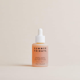 Summer Fridays applied on model's glowing cheek, conveys plumped, luminous skin effect