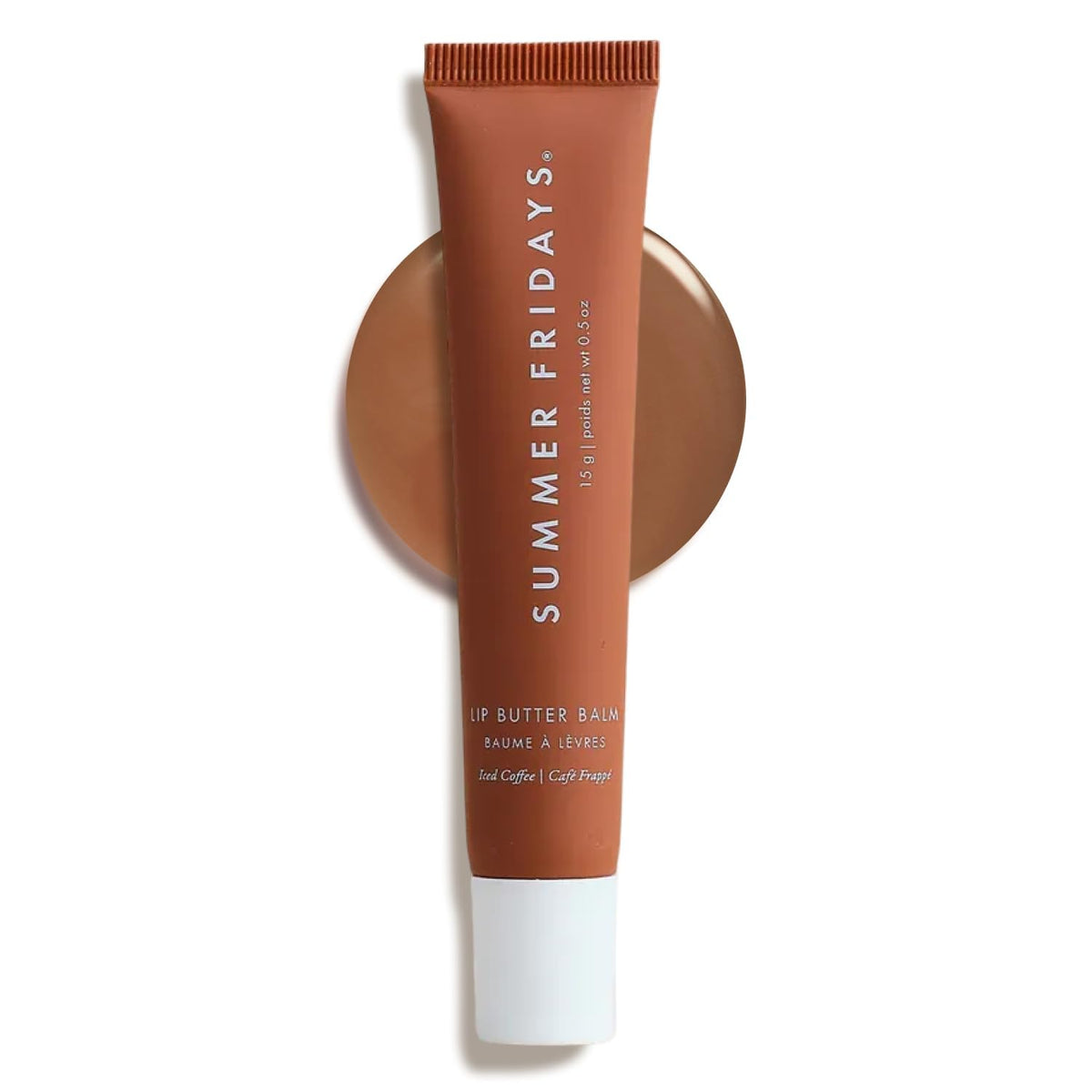 Summer Fridays front tube of Iced Coffee tinted lip butter showing compact packaging and portability