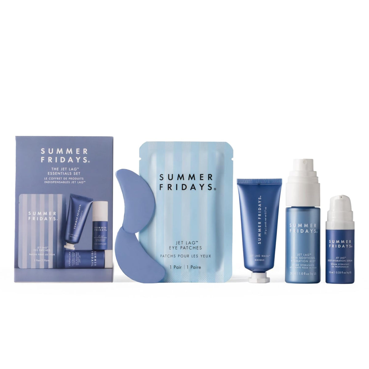 Summer Fridays front packaging showing the Jet Lag Essentials travel set and compact gift appeal