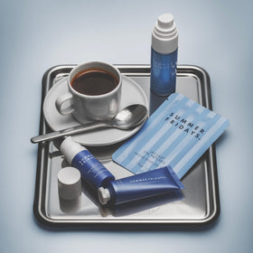 Summer Fridays set styled on a bathroom shelf conveying daily use and curated skincare ritual