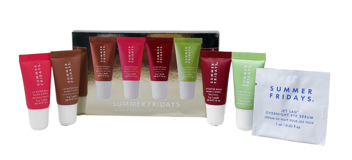 Summer Fridays front packaging showing four mini balm pots and color labels for travel ease