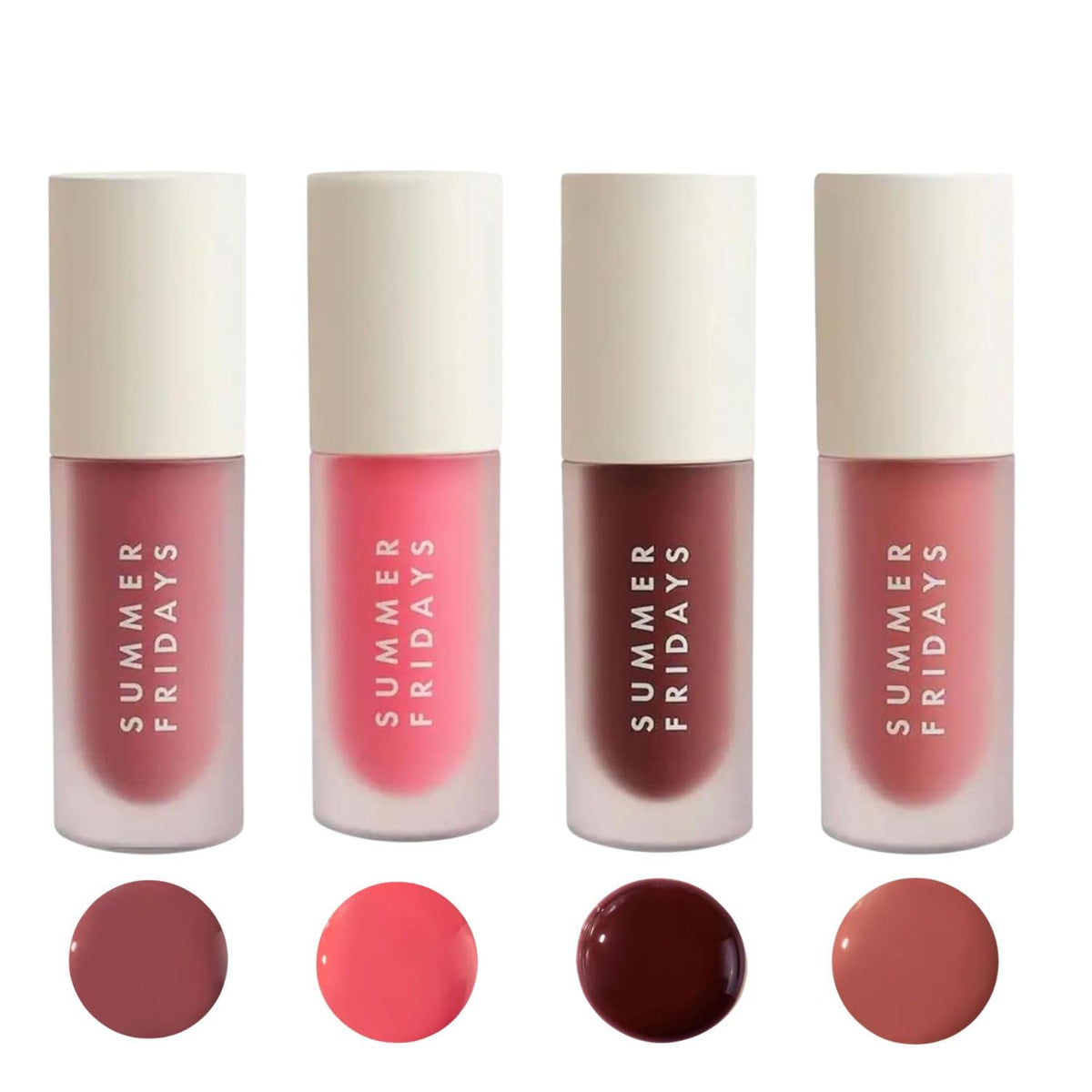 Summer Fridays front packaging showing four tinted lip oil tubes and high-shine finish benefit