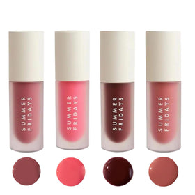 Summer Fridays front packaging showing four tinted lip oil tubes and high-shine finish benefit