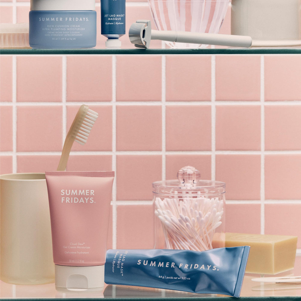Summer Fridays jar on bathroom sink in morning routine setting for effortless use
