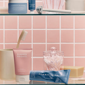 Summer Fridays jar on bathroom sink in morning routine setting for effortless use