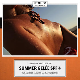 Summer Tanning Gelée lifestyle beach setting showing bronzed skin and hydration